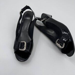 Stuart Weitzman Patent Leather Peep-Toe Slingback Heels Silver Buckle Narrow 8SS